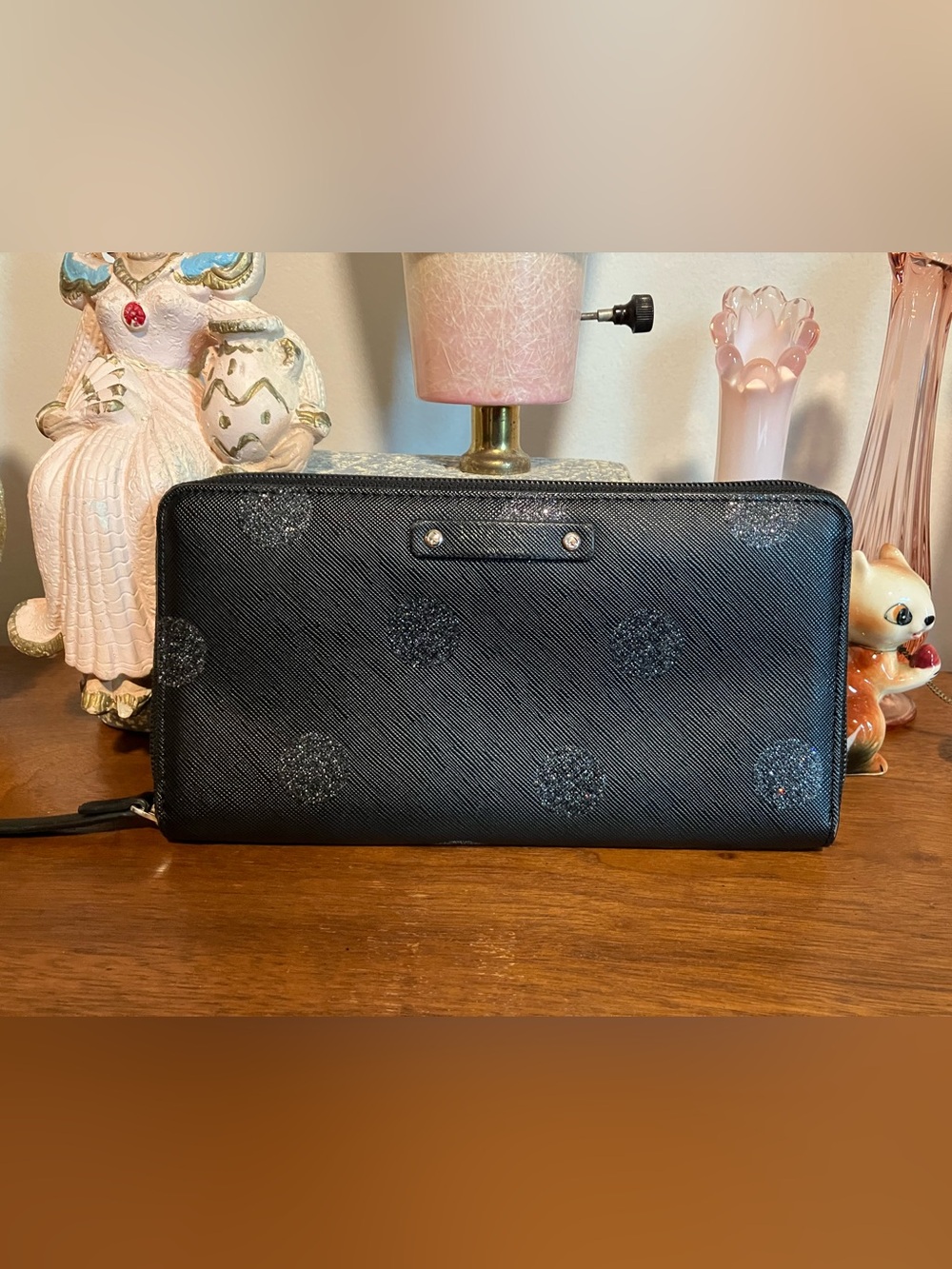 Kate Spade Black Glitter Polka Dot Zip Accordion Wallet